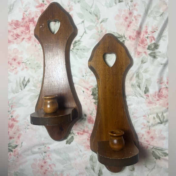Homco Other - Vintage Homco Wood Taper Candle Wall Sconce Pair Solid Wood with Heart Cut Out